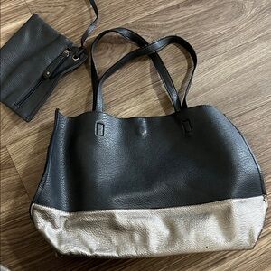 STREET LEVEL Faux Leather Two Tone Navy and Silver Women's Tote Bag